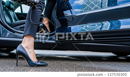 Close up woman legs in high heels getting into luxury blue car business executive success transportation travel elegant rich lifestyle arrival 137530305