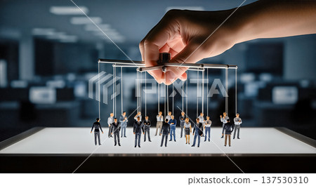 Large hand holding strings controlling miniature puppet people workers office background manipulation management concept control power bureaucracy boss leader Large hand holding strings controlling miniature puppet people workers office background manipulation management concept control power bureaucracy boss leader 137530310