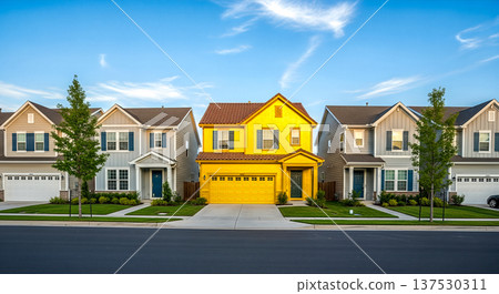 Golden cottage house standing out in neighborhood street among grey buildings concept real estate market choice investment value profit best deal 137530311