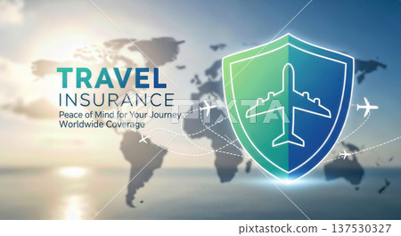 travel insurance protection concept shield icon airplane world map background safety flight security tourism journey cover risk emergency finance healthcare 137530327
