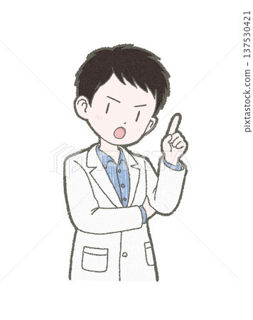 手繪插圖，描繪了一位身穿白大褂的男性醫務人員正在講解注意事項。 137530421