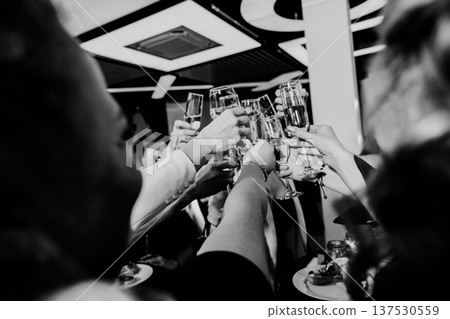 People toasting champagne glasses celebrating friendship at party People toasting champagne glasses celebrating friendship at party 137530559