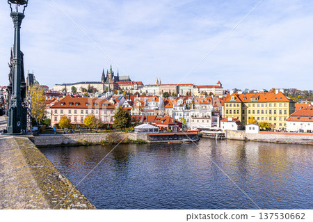 Prague Vltava water River embankment. Charles Bridge Praha Castle Old Town Czech Republic 137530662