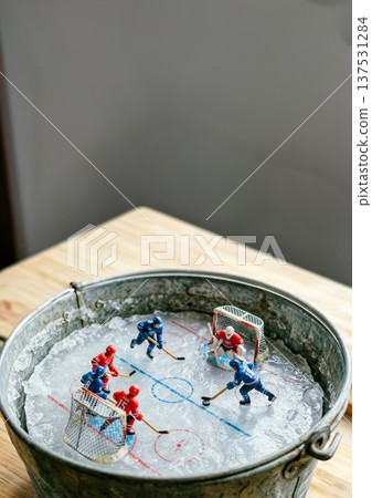 迷你冰球運動員在桶子裡的平冰面上玩耍 迷你冰球運動員在桶子裡的平冰面上玩耍 137531284