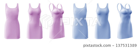 2 Set of pastel light blue purple bodycon sleeveless basic everyday tank tee dress round neck, front back side view on transparent background cutout, PNG file. Mockup template for artwork 137531389