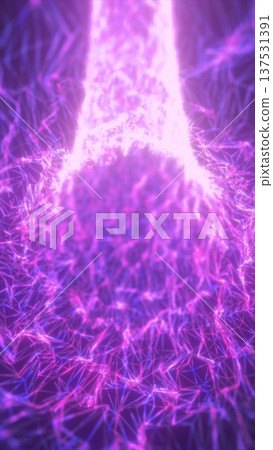Glowing purple energy beam striking a neon particle sphere inside a futuristic wireframe network, creating an abstract sci-fi technology background 137531391