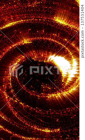 Fiery orange and yellow particle vortex swirling in darkness, glowing dots and sparks forming dynamic spiral energy background 137531404
