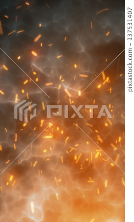 Abstract fiery smoke with glowing embers and flying sparks, hot orange plasma texture for dramatic fire or explosion background 137531407