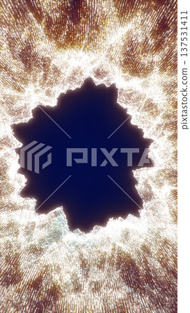 Sparkling golden particle explosion forming a bright ring with dark center, abstract glitter portal background for luxury, celebration, and energy concepts 137531411