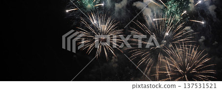 Banner Green firework in night time celebrate national holiday. Green Firework celebrate anniversary happy new year 2024 4th of july holiday festival. Countdown New year 2025 festival with copy space Banner Green firework in night time celebrate national holiday. Green Firework celebrate anniversary happy new year 2024 4th of july holiday festival. Countdown New year 2025 festival with copy space 137531521