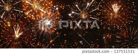 Banner Golden Firework celebrate anniversary independence day night time celebrate national holiday. Countdown 2024 party time event. Happy new year 2025 4th of july holiday festival with copy space 137531531