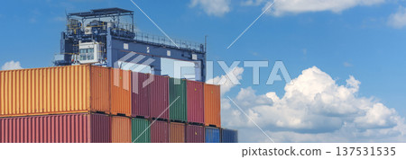 Banner Logistic shipping quay boat Engineering crane depot at logistic export terminal control. Banner Warehouse freight container yard loading quayside harbor port. Logistics portal with copy space Banner Logistic shipping quay boat Engineering crane depot at logistic export terminal control. Banner Warehouse freight container yard loading quayside harbor port. Logistics portal with copy space 137531535