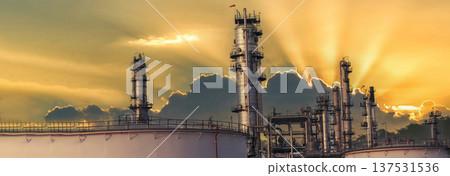 Banner Oil refinery gas petrol plant industry with crude tank, gasoline supply chemical factory. Petroleum barrel fuel heavy industry oil refinery manufacturing factory plant on twilight night time 137531536