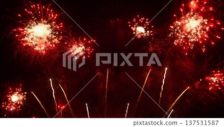 Red Firework celebrate anniversary happy new year 2024, 4th of july holiday festival. red firework in night time celebrate national holiday. Countdown to new year 2024 festival party time event Red Firework celebrate anniversary happy new year 2024, 4th of july holiday festival. red firework in night time celebrate national holiday. Countdown to new year 2024 festival party time event 137531587