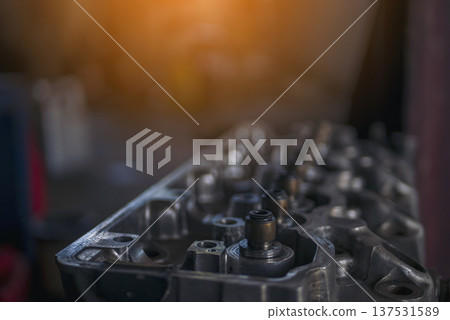 Mechanic tools engineering equipment car auto repair shop with copy space. Blurred background mechanical service. Heavy screw grungy rusted wrenches dirty screwdriver object. Industrial hardware set 137531589