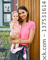 Portrait of Beautiful Mother Holding Small Daughter near Wooden Wall Outdoors 137531614