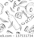 Classic long neck wine bottles, balloon glasses, corkscrews, cheese and olive garnish seamless pattern hand drawn in fine ink lines. Vector illustration. Winery stationery, textiles, editorial layout. 137531734