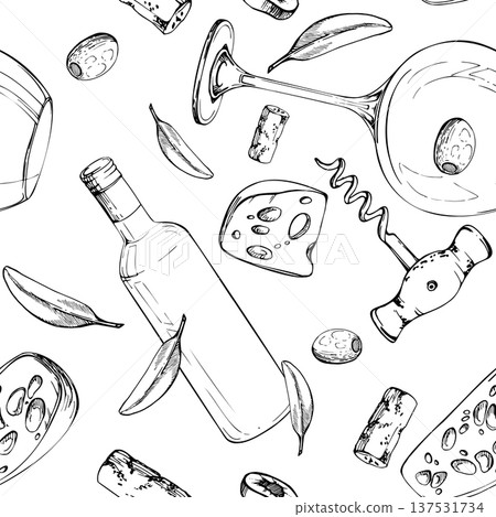 Classic long neck wine bottles, balloon glasses, corkscrews, cheese and olive garnish seamless pattern hand drawn in fine ink lines. Vector illustration. Winery stationery, textiles, editorial layout. Classic long neck wine bottles, balloon glasses, corkscrews, cheese and olive garnish seamless pattern hand drawn in fine ink lines. Vector illustration. Winery stationery, textiles, editorial layout. 137531734