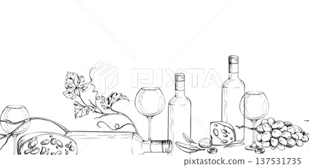 Decorative seamless banner of bottles, balloon glasses, cheese and olive pairing, served grape clusters. Hand drawn ink vector illustration. Menu borders, cookbook chapter dividers, wine promotions. Decorative seamless banner of bottles, balloon glasses, cheese and olive pairing, served grape clusters. Hand drawn ink vector illustration. Menu borders, cookbook chapter dividers, wine promotions. 137531735