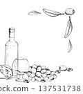 Corner frame with wine still life. Bottle, balloon glass, harvested grapes and cheese, olive leaves and fruit. Isolated ink vector illustration hand drawn for food or drink labels, winery brochures 137531738