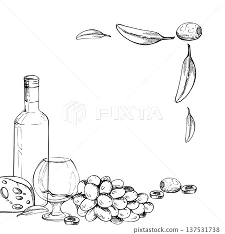 Corner frame with wine still life. Bottle, balloon glass, harvested grapes and cheese, olive leaves and fruit. Isolated ink vector illustration hand drawn for food or drink labels, winery brochures 137531738