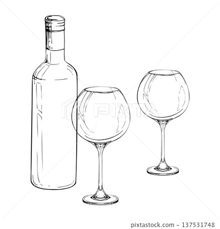 Decorative wine composition with bottle and rounded wine glasses on long stem. Isolated vector illustration hand drawn in ink. Vineyard identity, restaurant menus, wine promotions, packaging visuals. Decorative wine composition with bottle and rounded wine glasses on long stem. Isolated vector illustration hand drawn in ink. Vineyard identity, restaurant menus, wine promotions, packaging visuals. 137531748
