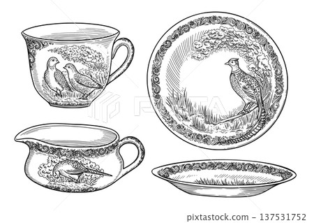 Vintage porcelain dishware set with graceful pheasant motifs. Realistic hand drawn vector outline graphic artwork. Perfect for card design. Ideal for elegant tableware decor and nostalgic holiday art. Vintage porcelain dishware set with graceful pheasant motifs. Realistic hand drawn vector outline graphic artwork. Perfect for card design. Ideal for elegant tableware decor and nostalgic holiday art. 137531752