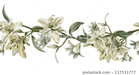 Template of seamless border of white lilies in watercolor clipart as a symbol of purity and innocence.Decoration for funeral,wedding,Communion,christening,decoration of religious printed products 137531777