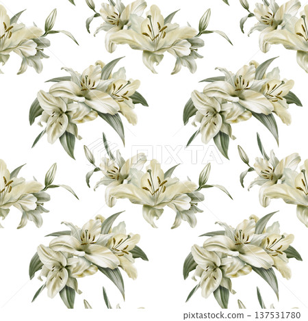 White lilies in seamless pattern in watercolor as a symbol of purity and innocence.Decoration for funeral,wedding,Communion,christening,decoration of religious printed products White lilies in seamless pattern in watercolor as a symbol of purity and innocence.Decoration for funeral,wedding,Communion,christening,decoration of religious printed products 137531780