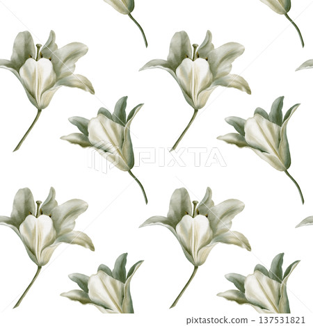 White lilies arranged in seamless pattern,symbolizing purity for first communion,weddings,funeral ceremonies.Watercolor washes,delicate details for religious events,memorials,sacred stationery White lilies arranged in seamless pattern,symbolizing purity for first communion,weddings,funeral ceremonies.Watercolor washes,delicate details for religious events,memorials,sacred stationery 137531821