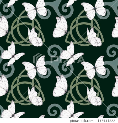 Light green Celtic Trinity Knot unity,Triskele Celtic symbol with white butterfly in seamless pattern,representing ancestral spirits and connection.Watercolor for cultural projects,heritage themes 137531822
