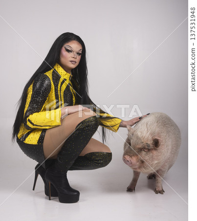 transvestite and pig in studio transvestite and pig in studio 137531948