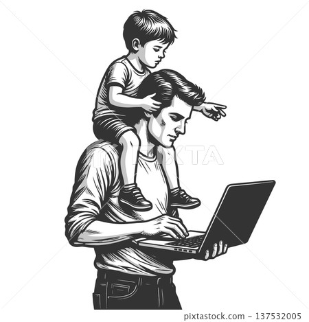 Father Working On Laptop With Child Shoulders 137532005