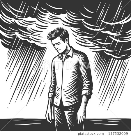 Man Standing Under Heavy Storm Rain vector Man Standing Under Heavy Storm Rain vector 137532009