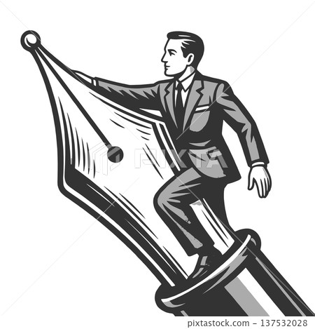Businessman Riding Giant Fountain Pen vector Businessman Riding Giant Fountain Pen vector 137532028