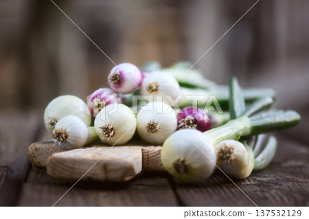 Fresh white and purple scallions stacked on small wooden board 137532129