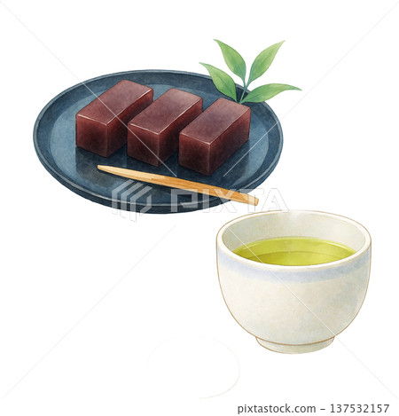 水彩插畫，描繪了羊羹和綠茶。日式甜點和日式茶飲原料。 137532157