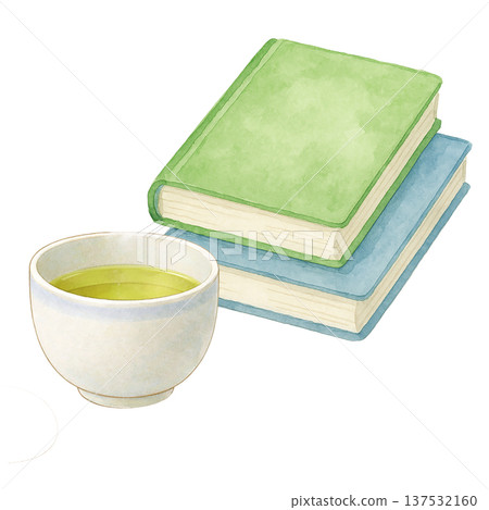 水彩插畫，描繪了一本書和綠茶，適合閱讀和放鬆時光。 137532160
