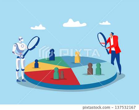 Business with Robot teamwork analyzing customer segment pie chart.Customer segment analysis for marketing or advertising, target audienc profile to target concept, vector 137532167