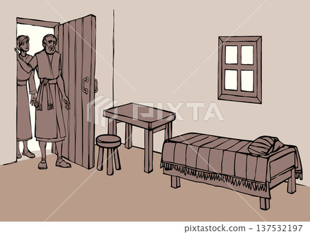Vector drawing. A woman offers housing to the prophet Elisha. Vector drawing. A woman offers housing to the prophet Elisha. 137532197
