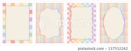 Pastel rainbow pride frame and card set. Retro hand-drawn checkerboard, gingham, and grid borders with blank copy space. Cute LGBT aesthetic for invitation templates, posters, social media. Vector art 137532262