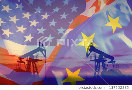 Extraction of petroleum on flags of United States and European Union. Oil Pump Jack at Oil Field. Extraction of petroleum on flags of United States and European Union. Oil Pump Jack at Oil Field. 137532285
