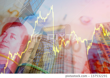 Market trends currency on skyscrapers tower building background. Market trends currency on skyscrapers tower building background. 137532291