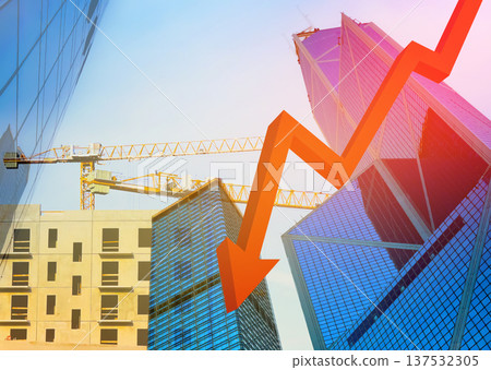 Stock market chart with skyscrapers in background. Tower crane on skyscraper construction 137532305