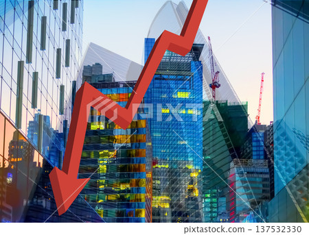 Stock market chart with skyscrapers in background. Tower crane on skyscraper construction Stock market chart with skyscrapers in background. Tower crane on skyscraper construction 137532330