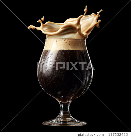 Foamy stout beer splash in clear tulip glass, on dark background with clipping path, concept of refreshment and celebration Foamy stout beer splash in clear tulip glass, on dark background with clipping path, concept of refreshment and celebration 137532453