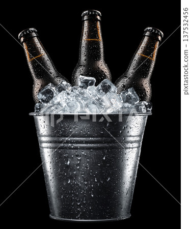 Set of cold beer bottles in a metal bucket filled with ice on black background with clipping path, concept of refreshment Set of cold beer bottles in a metal bucket filled with ice on black background with clipping path, concept of refreshment 137532456