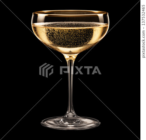 A filled champagne coupe glass with golden bubbles on black background with clipping path 137532465