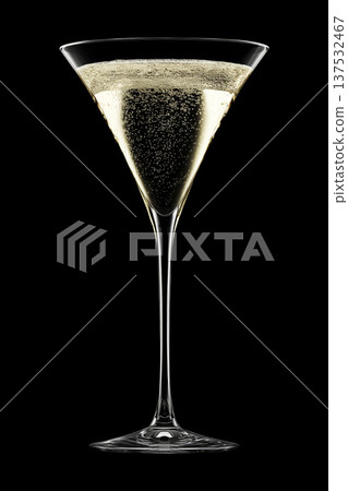 Tall wine glass filled with sparkling champagne and bubbles on black background with clipping path 137532467