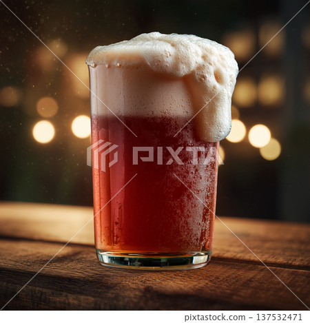 A frothy craft ruby beer on wooden bar table in warm bokeh ambient pub setting background, concept of cozy relaxation pub mood A frothy craft ruby beer on wooden bar table in warm bokeh ambient pub setting background, concept of cozy relaxation pub mood 137532471